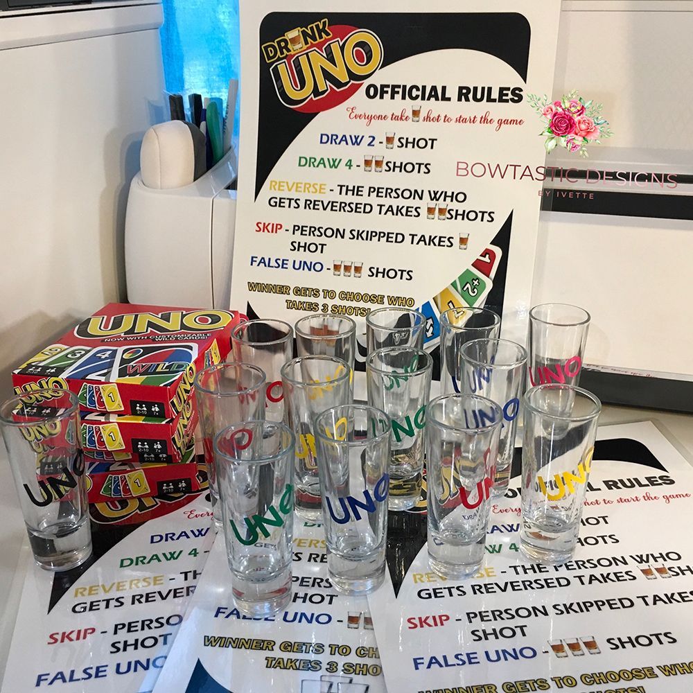Drunk Uno W/ 8 Tavern Glasses 8 Laminated Rules And Case 