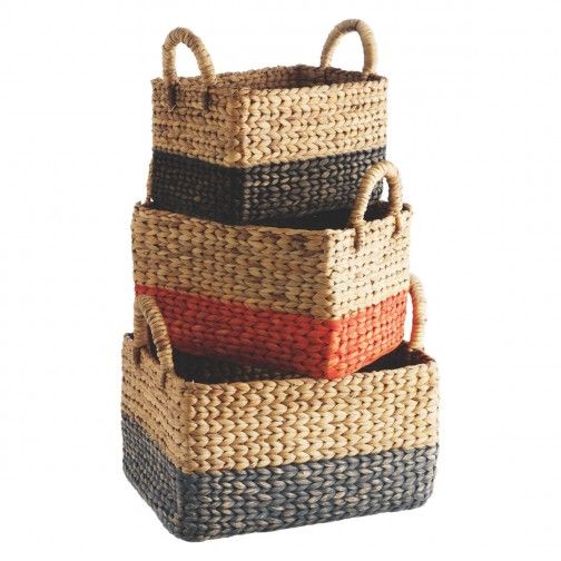 Coby Set of 3 multi-coloured rectangular water hyacinth baskets