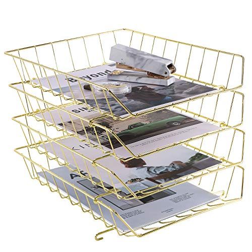 Simmer Stone Stackable Letter Tray, 4-Tier Desk File Organizer for Mails, Magazines, Documents and Accessories, Wire Paper Tray for Home, School and Office, Gold