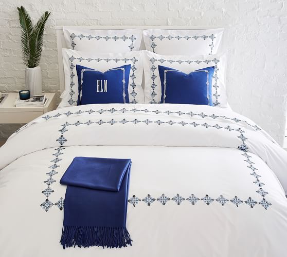 Tile Embroidered Organic Percale Duvet Cover & Shams