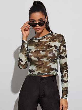 Camo Print Crop Sheer Mesh Top