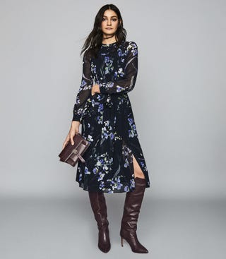 Hetty Navy Floral Printed Midi Dress