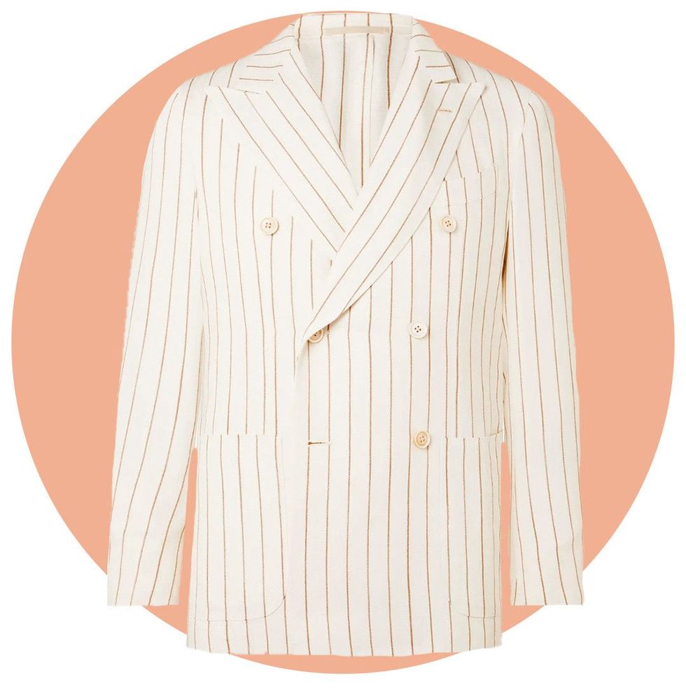 Ivory Monroe Unstructured Double-Breasted Striped Hopsack Suit Jacket