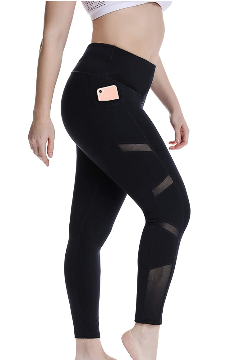Womens Plus Size Activewear Solid Leggings With Mesh Side Pocket