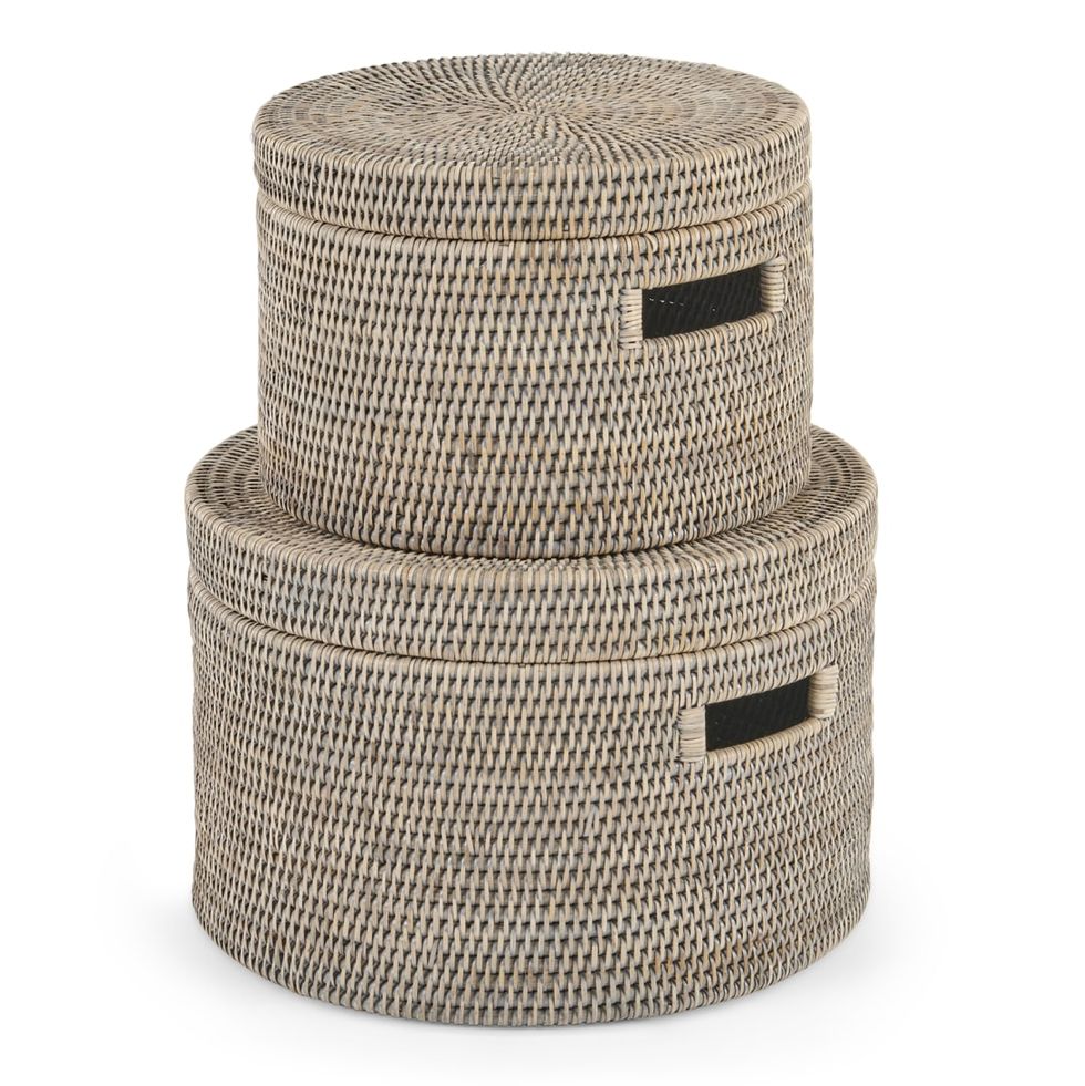Hadid Set of 2 Hand Woven Rattan Storage Baskets, Grey