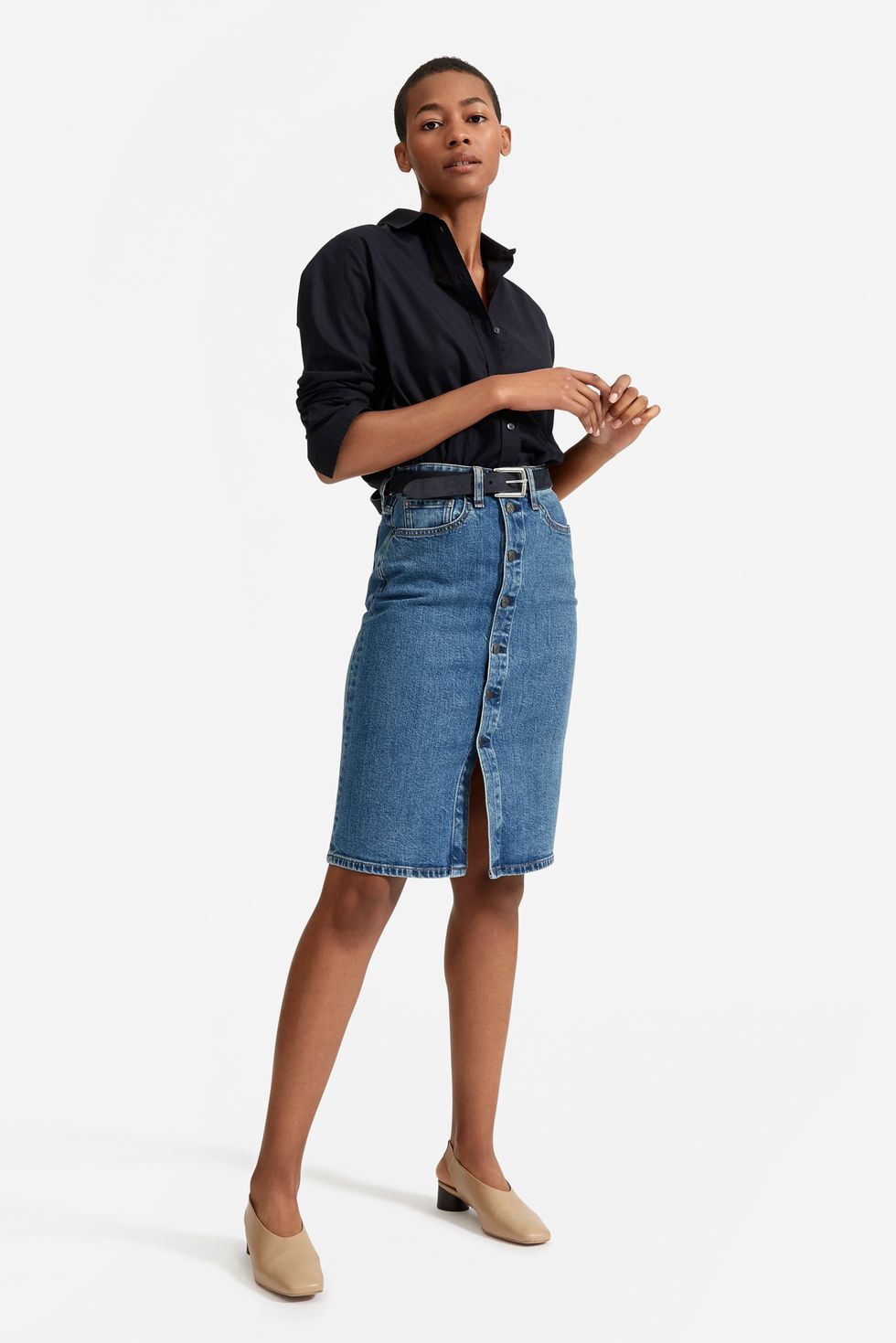 The Denim Button-Front Pencil Skirt in Medium Indigo