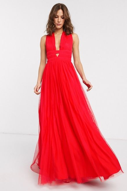 Grecian tulle maxi dress in red