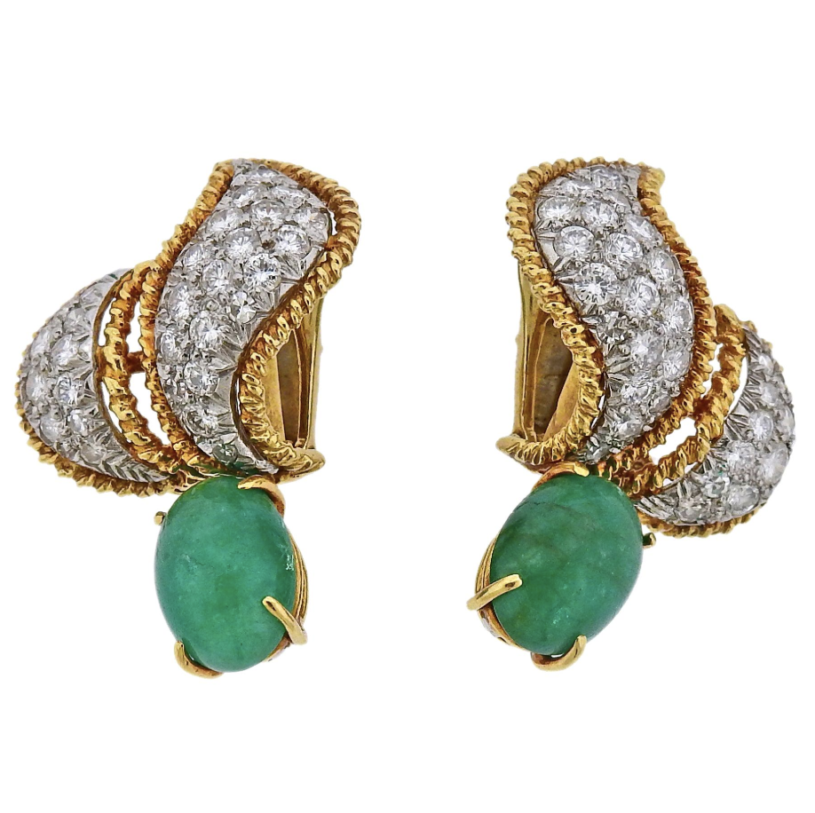 Emerald, Diamond, Gold, Platinum Night and Day Earrings