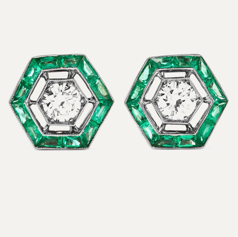 18-karat white gold, emerald and diamond earrings