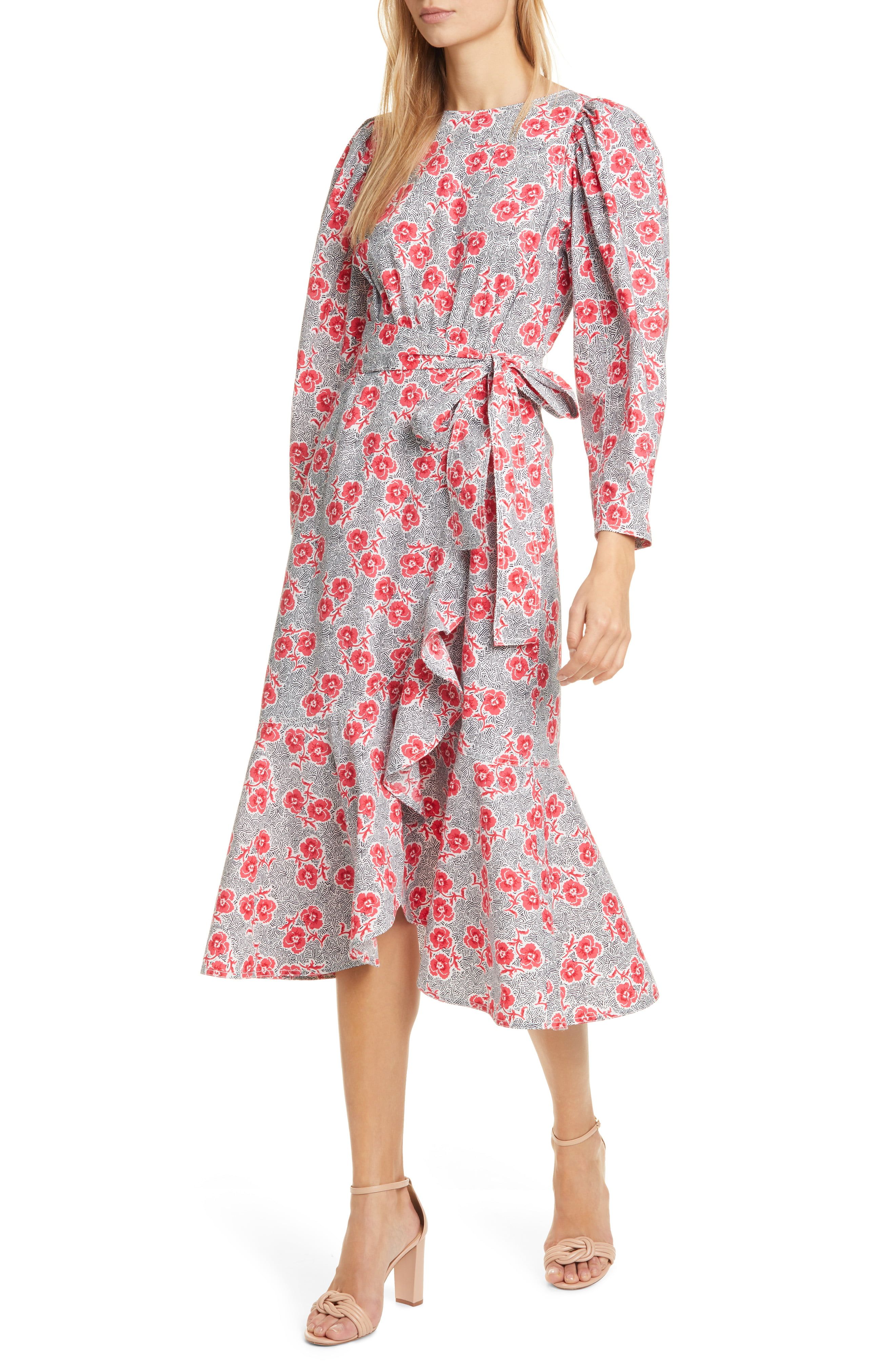 Coral Fleur Long Sleeve Cotton Midi Dress