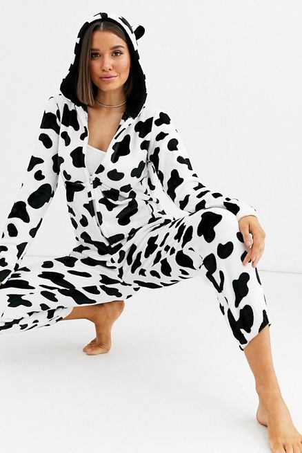 Loungeable Cow Print One-Piece Romper With Ears
