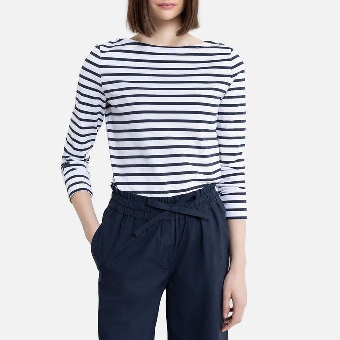 Striped Cotton Boat-Neck T-Shirt with Long Sleeves