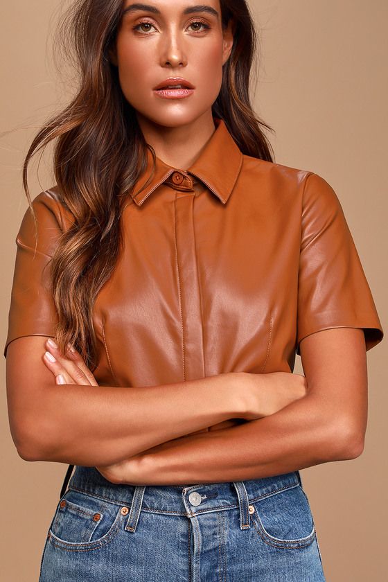 Bold Intentions Brown Vegan Leather Button-Up Top