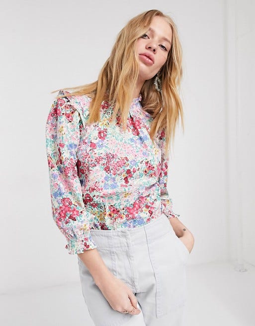 Floal print ruffle puff sleeve top in multi