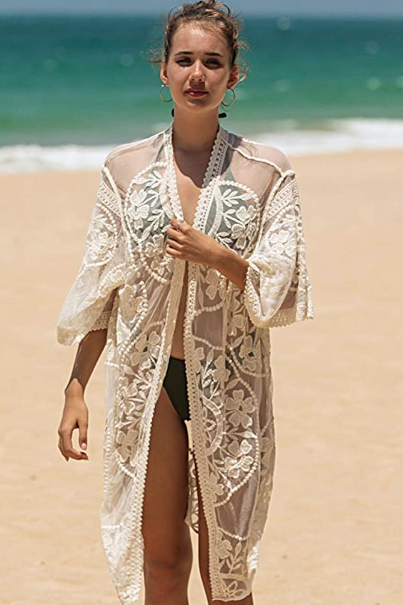 FANCYINN Womens Long Lace Cover up Sheer Bikini Coverups Kimono Tie Front  Bathing Suit Swimsuit Beachwear