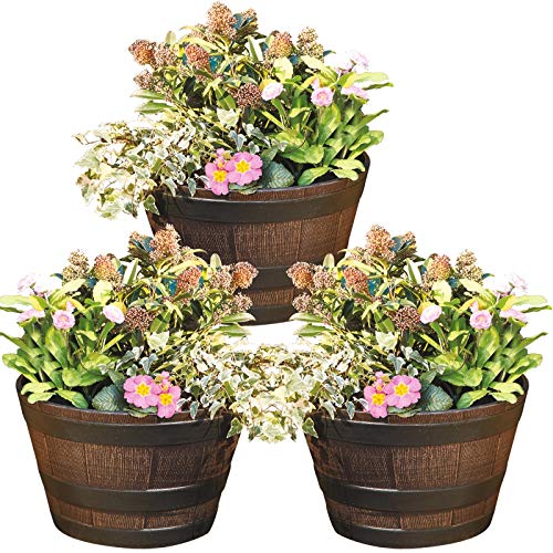 3 Garden Plant Pot Planters Outdoor Flowerpots Whiskey Barrel Wood Effect Antique Vintage Style