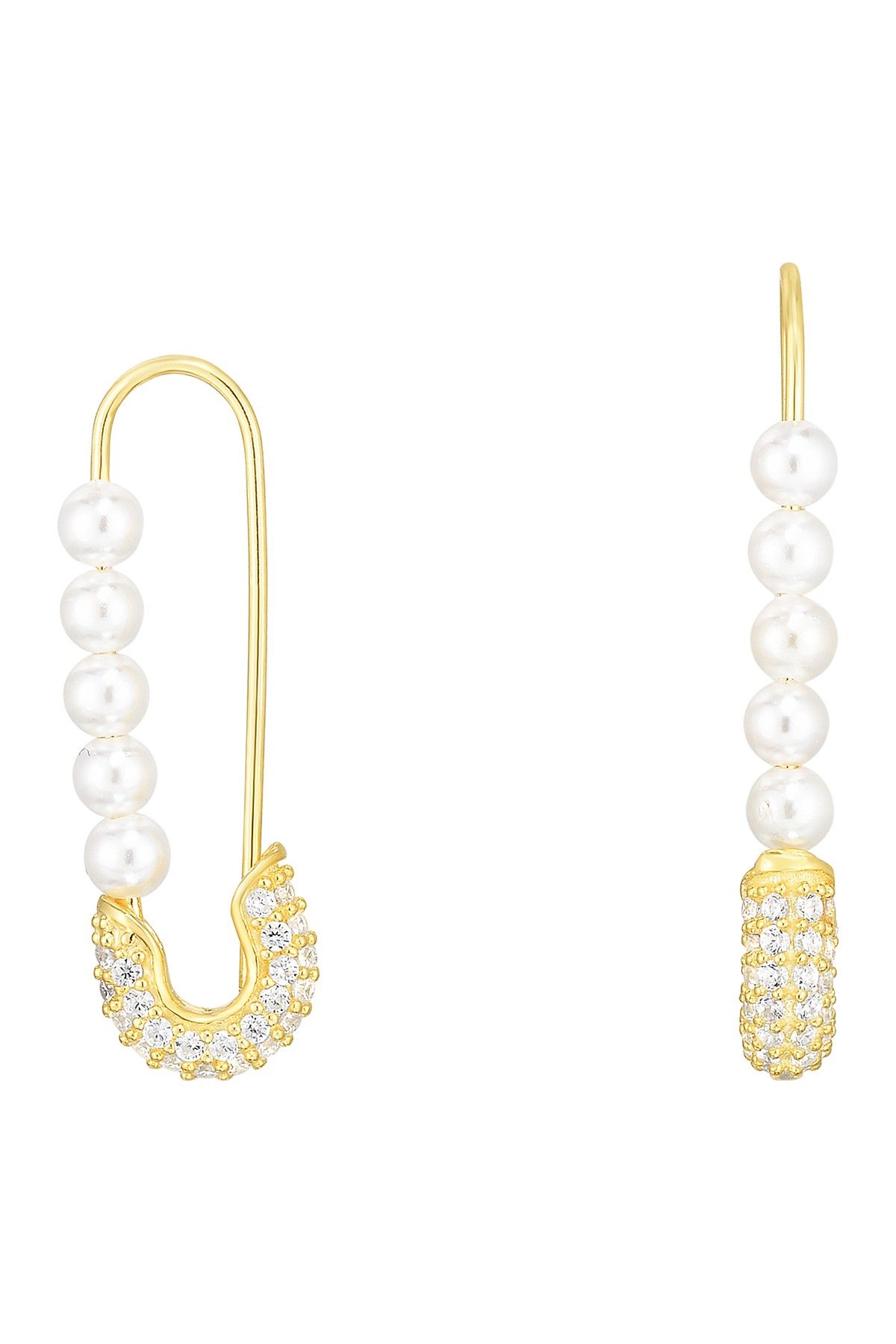14K Gold Plated Pearl Safety Pin Earrings