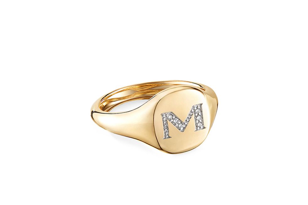 Mini DY Initial M Pinky Ring in 18K Yellow Gold with Diamonds