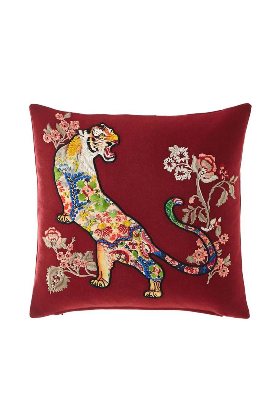 Floral Tiger Embroidered Pillow