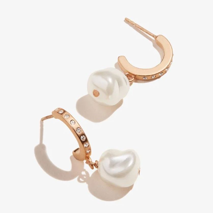 Alex and Ani White Pearl Pave Huggie Hoop Earrings