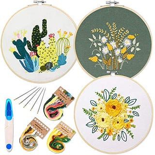 3 Pack Embroidery Starter Kit with Pattern and Instructions,Cross Stitch Set, Full Range of Stamped Embroidery Kits with 3 Embroidery Clothes with Plants Flowers Pattern, Color Threads Tools Kit