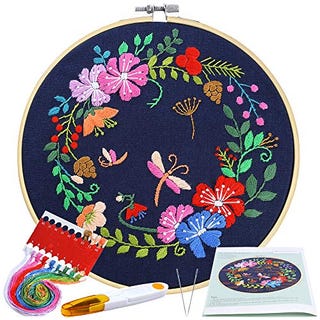 Pllieay Full Range Embroidery Starter Kit with Pattern and Instructions Including Embroidery Cloth with Botanical Garden Pattern, 20cm Bamboo Embroidery Hoop, Color Threads and Tools