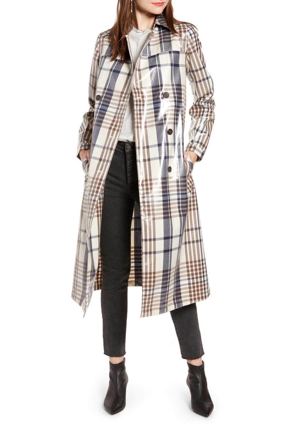 Water-Resistant Plaid Glossy Trench Coat