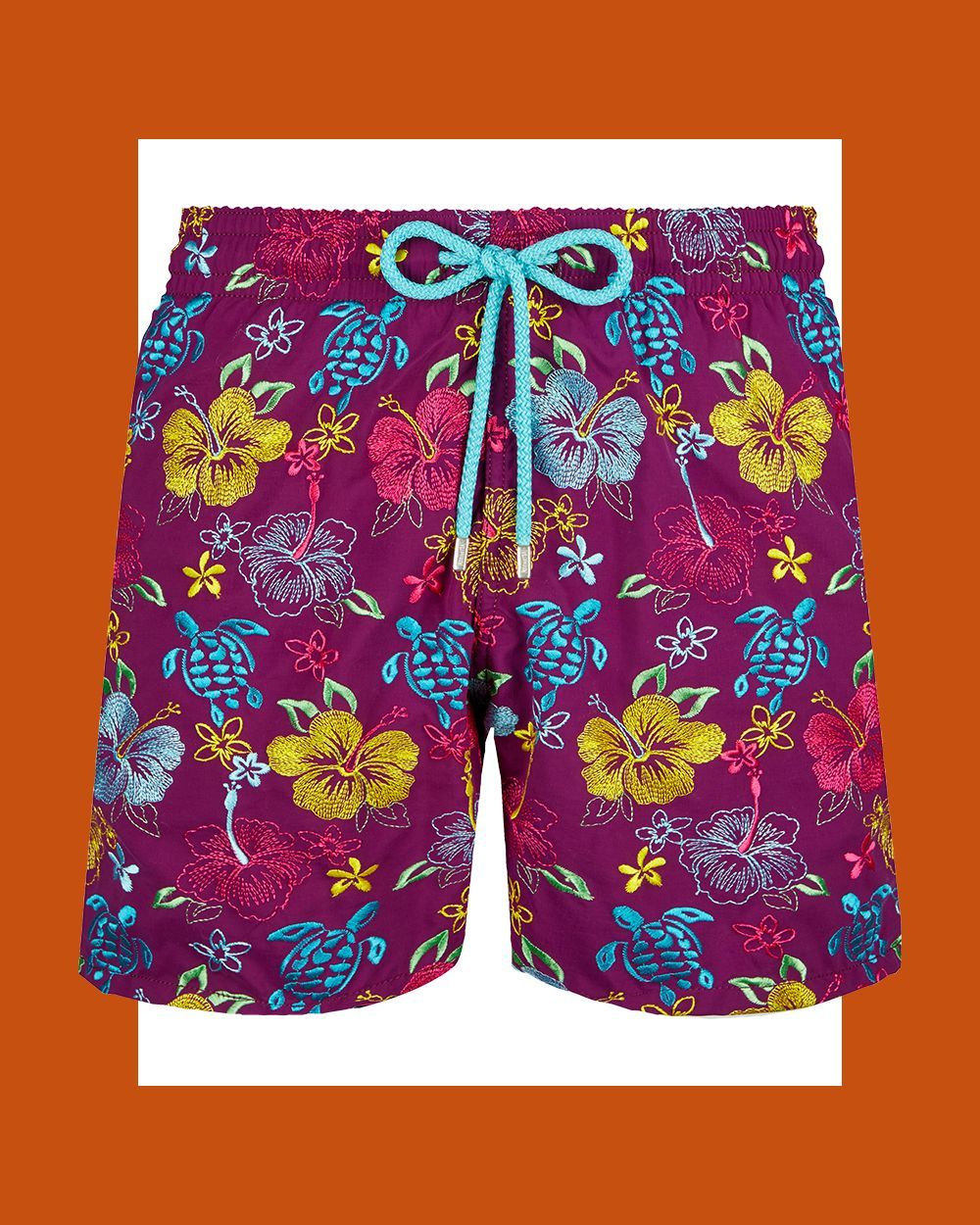 Men Swim Trunks Embroidered Tropical Turtles