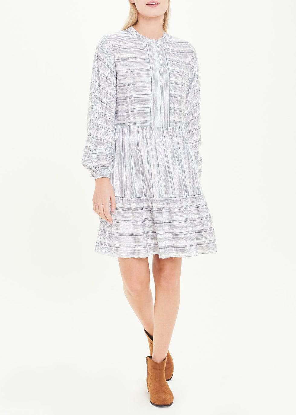 Long Sleeve Stripe Tiered Smock Dress