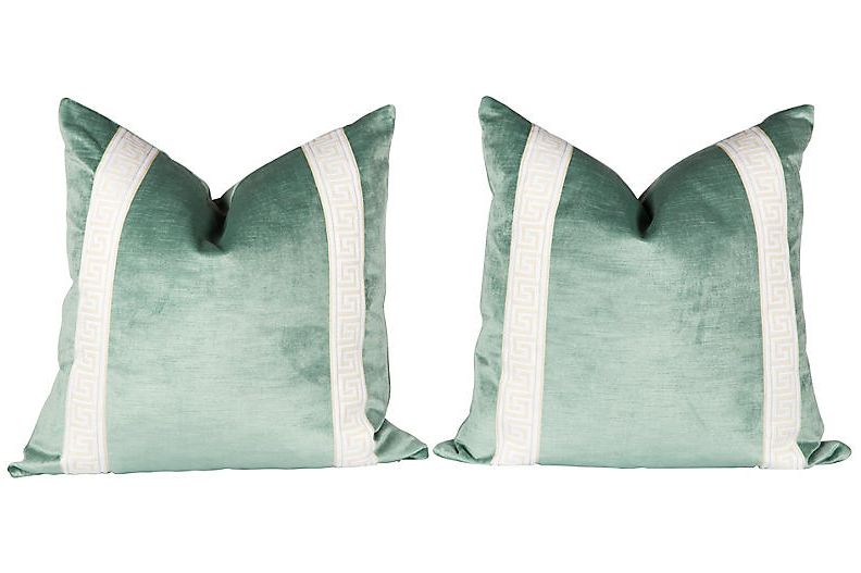 Seafoam Greek Key Velvet Pillows, Pair