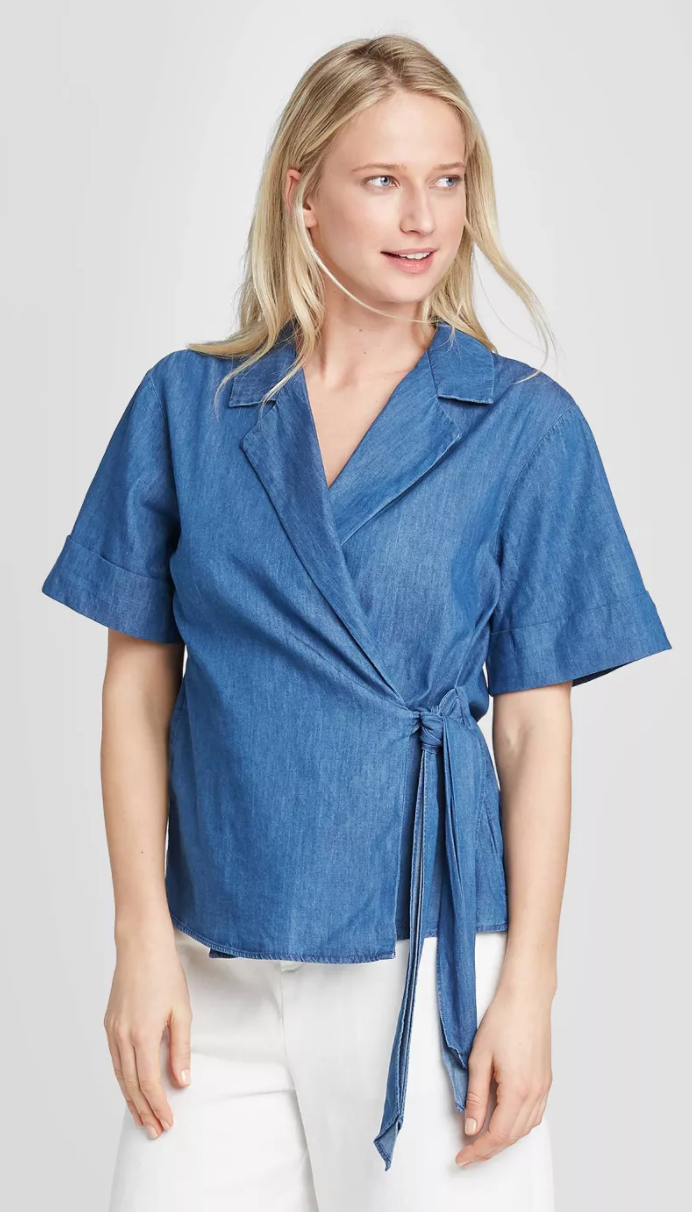 Short Sleeve Tie Front Blouse