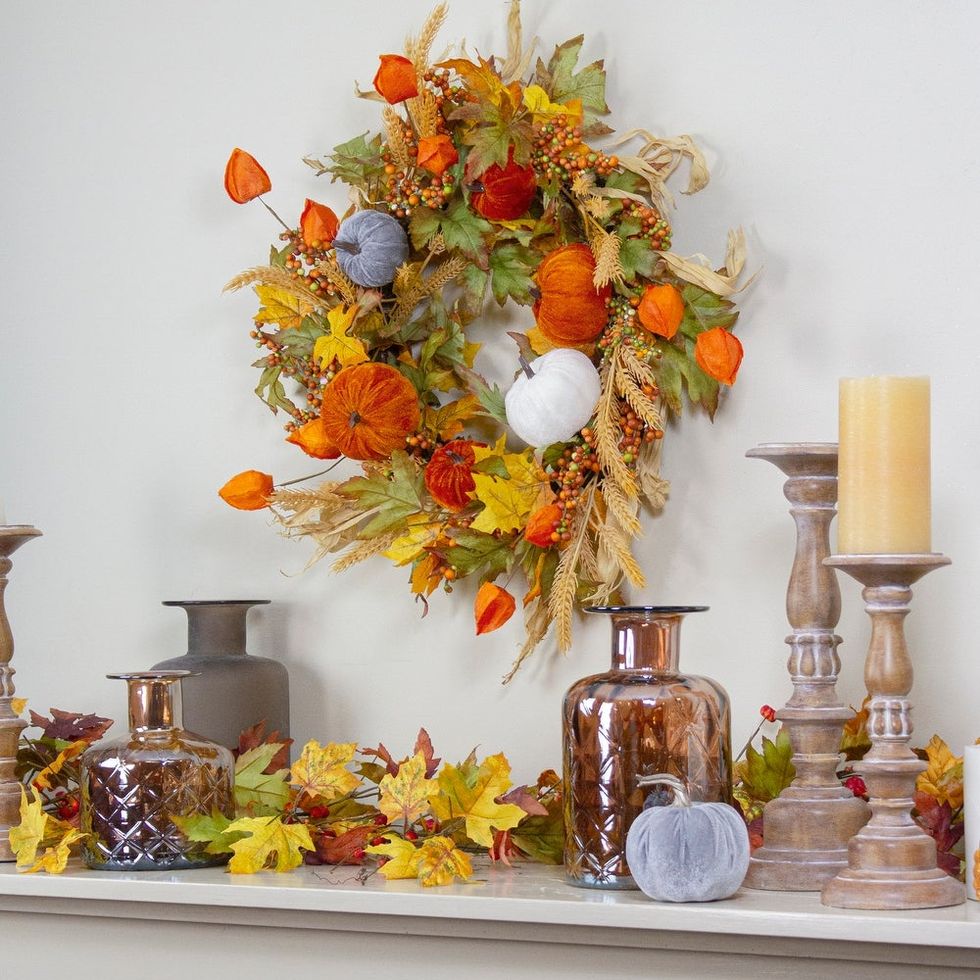Velvet Pumpkins and Wheat Artificial Fall Harvest Wreath