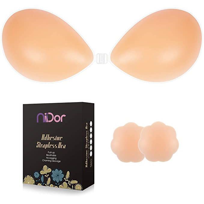 Self Adhesive Sticky Bra Todd Drawstring Push up Breathable Invisible Lift Solid Strapless Backless Bras for Women