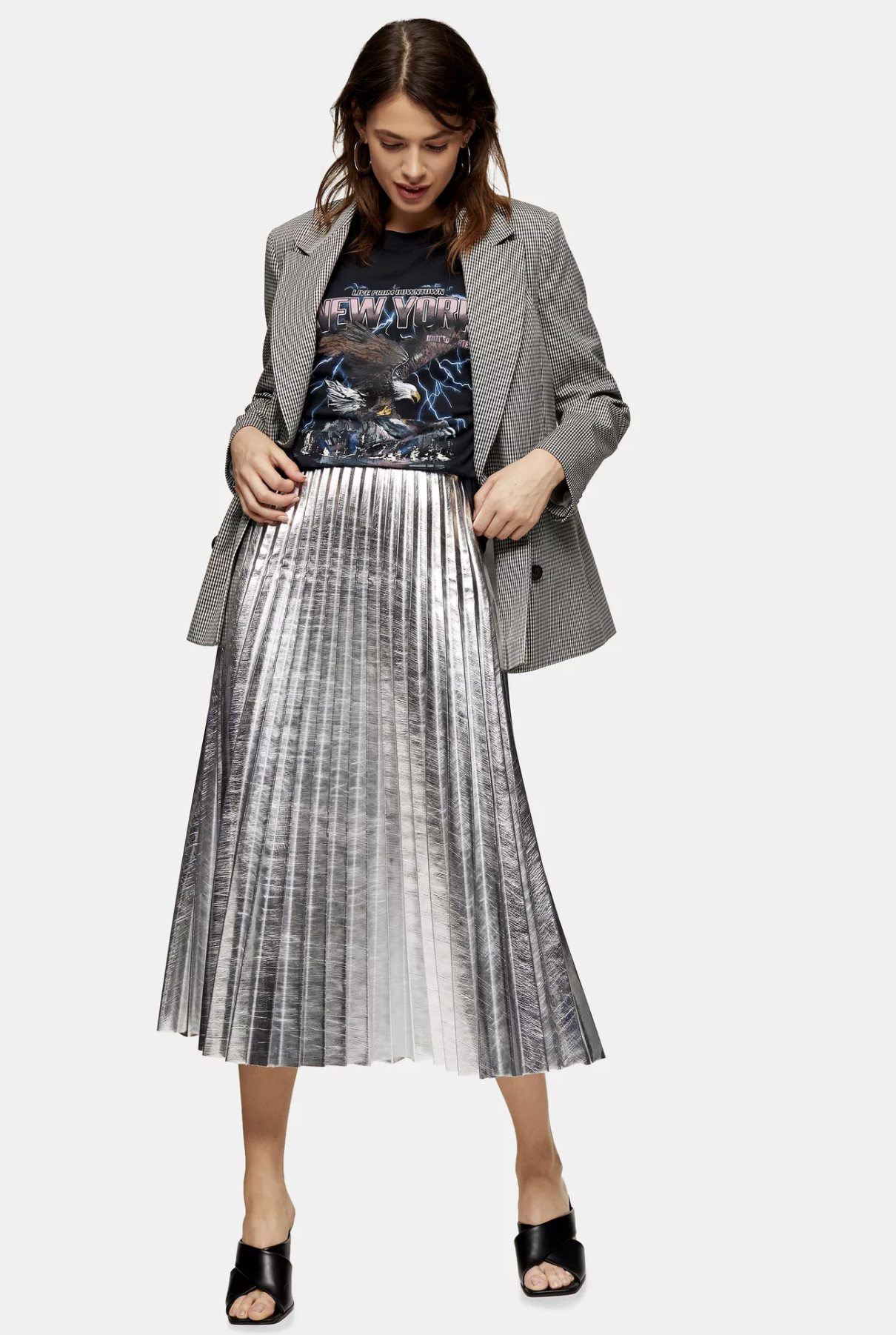 Silver Metallic PU Pleated Midi Skirt