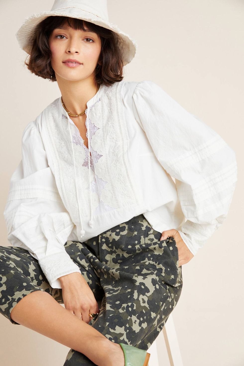 Delilah Pleated Lace Peasant Blouse