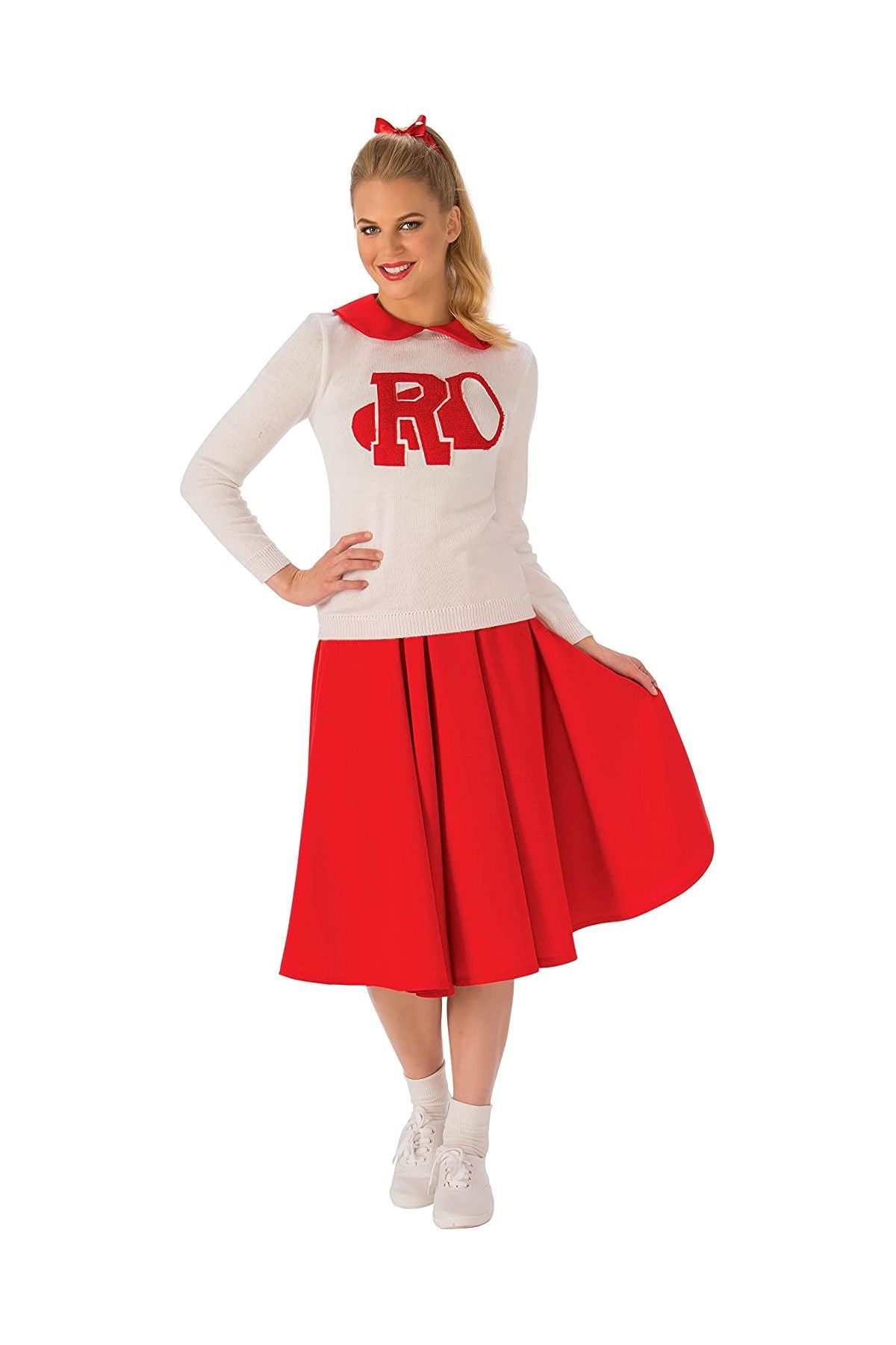 LADIES RED & WHITE GREASE SANDY CHEERLEADER FANCY DRESS COSTUME