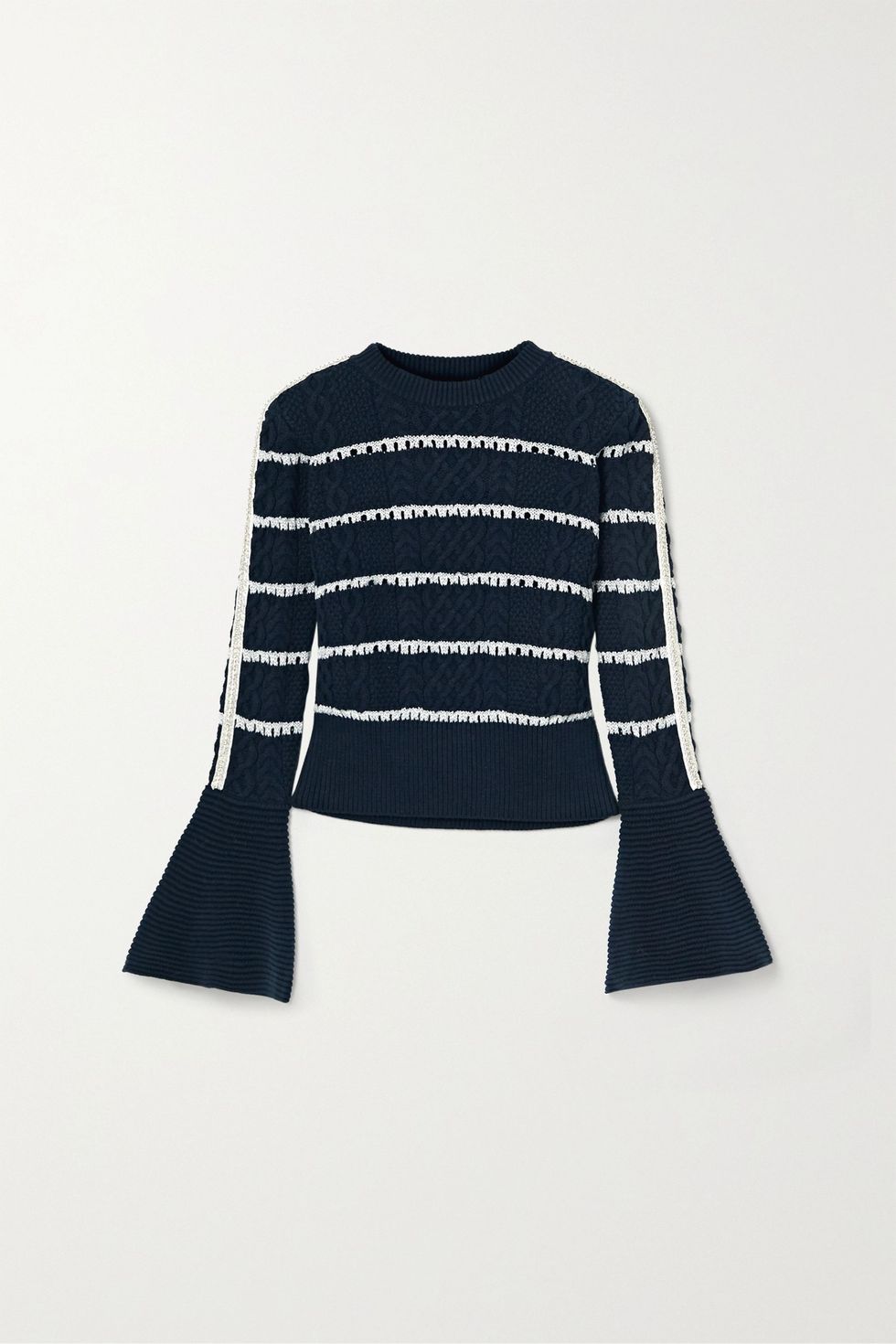 Embellished striped cable-knit cotton-blend sweater