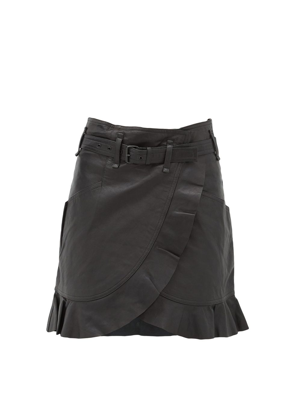 Qing ruffled wrap-front leather mini skirt