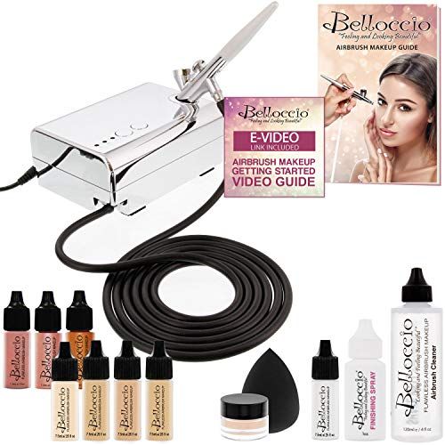 Complete Professional Belloccio Airbrush Cosmetic Makeup System with A Master Set of All 17 Foundation Shades Plus Blush, Shimmer and Bronzer All in 1