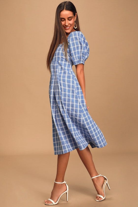 Blue Plaid Midi Dress