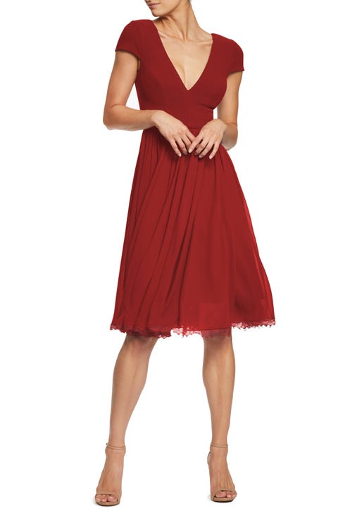 what to wear fall wedding - red dress with airy chiffon skirt