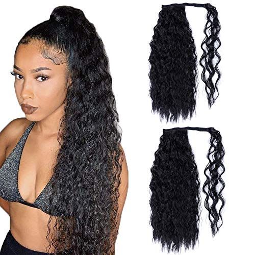 2 Pieces 24 inches Long Black Curly Ponytail Holder Hair Extension