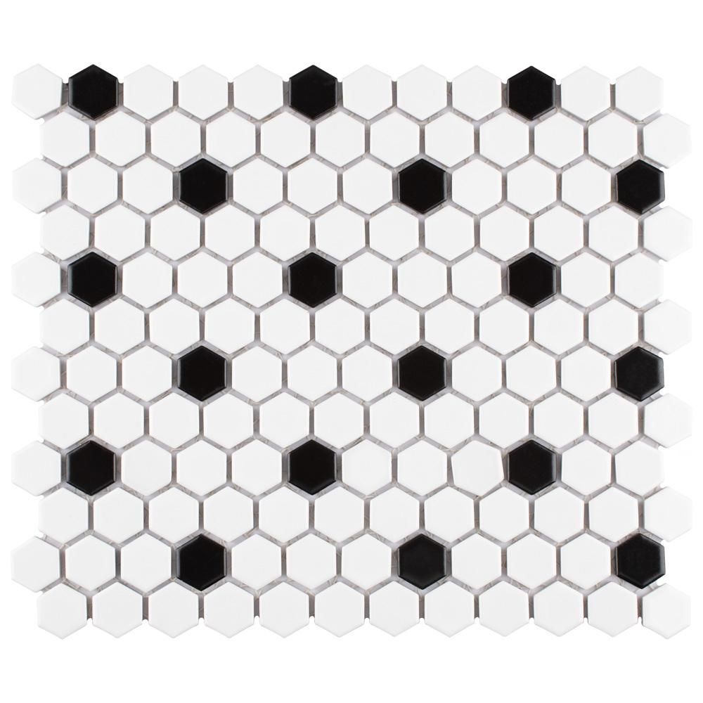 Madison Hex Matte 11-7/8 in. x 10-1/4 in. x 6mm Cool White with Black Dot Porcelain Mosaic Tile
