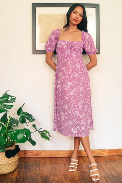 Bette Lavender Floral-Print Puff-Sleeve Midi Dress
