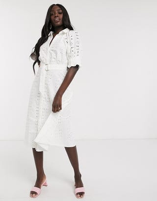 ASOS DESIGN浅蓝色中长袖衬衫礼服，配以白色D形环腰带
