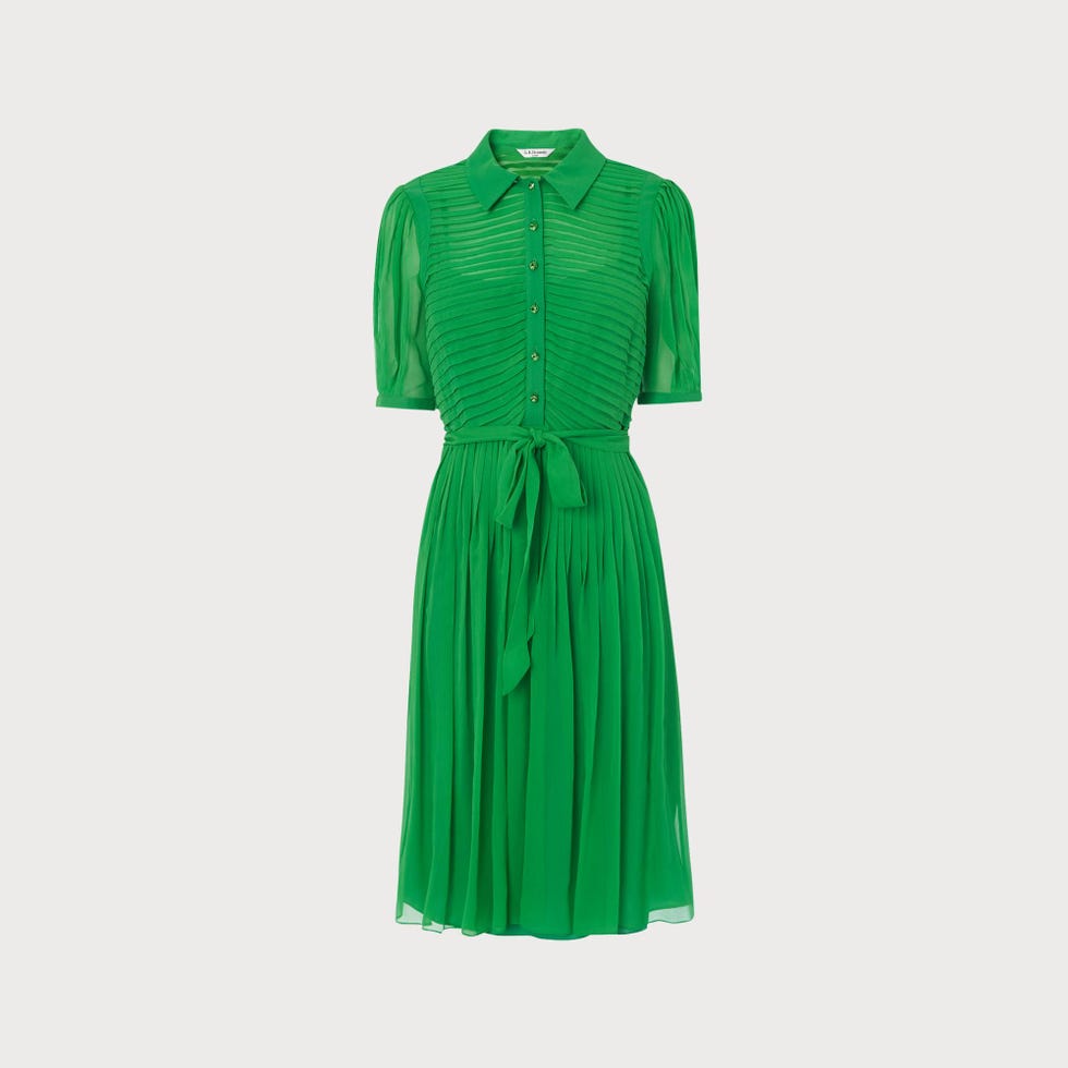 Eloise Green Silk Pintucked Shirt Dress