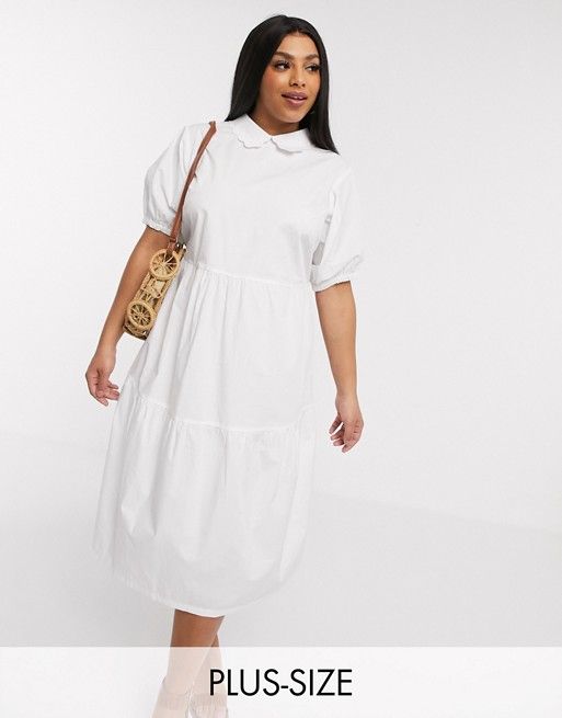 Daisy Street Plus midaxi smock dress with tiered skirt and puff sleeves in cotton