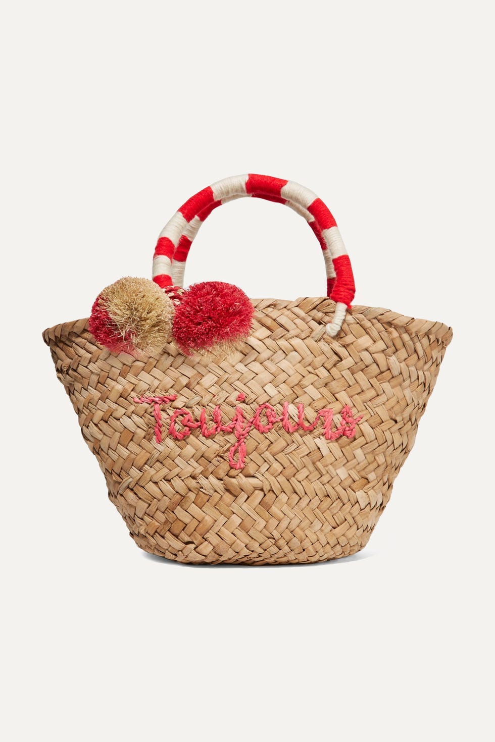 Kayu St Tropez mini pompom-embellished embroidered woven straw tote