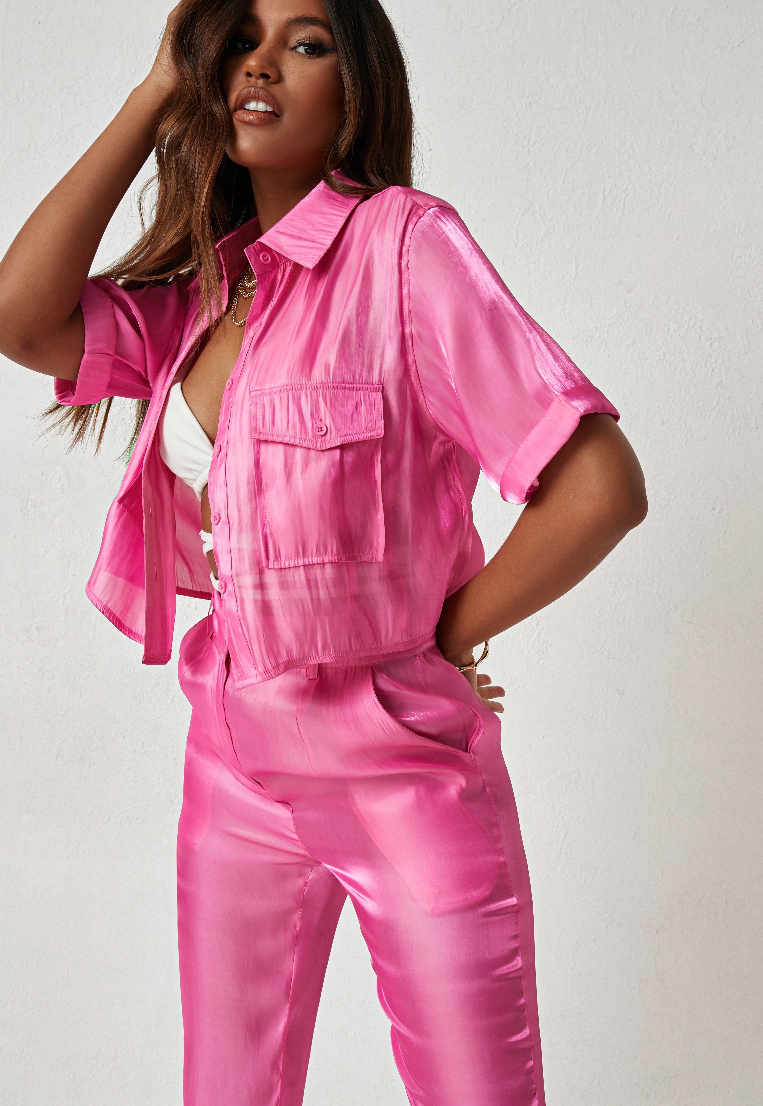Pink Co Ord Shimmer Sheer Crop Shirt