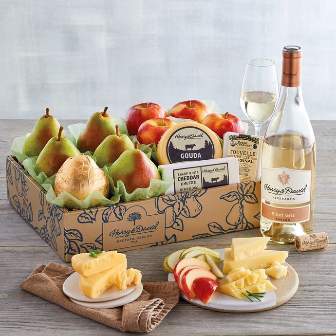 Deluxe Pears, Apples, And Cheese Gift With Wine